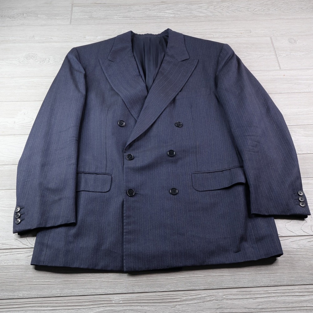 Luciano Barbera Navy Pinstripe Herringbone Double Breasted Blazer 54R Flaw